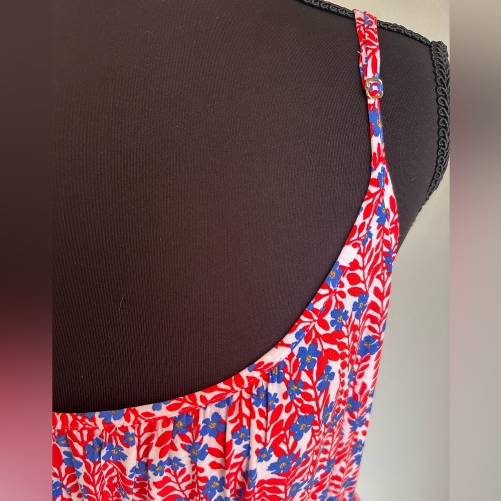J. Crew Factory Ruffle Midi Curved Hem Dress 14 Women’s Red Blue Floral - Picture 4 of 8